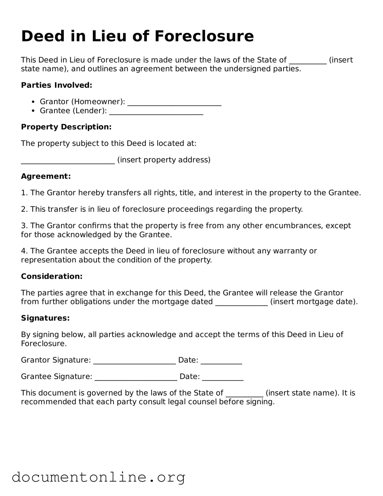Free Deed in Lieu of Foreclosure Form