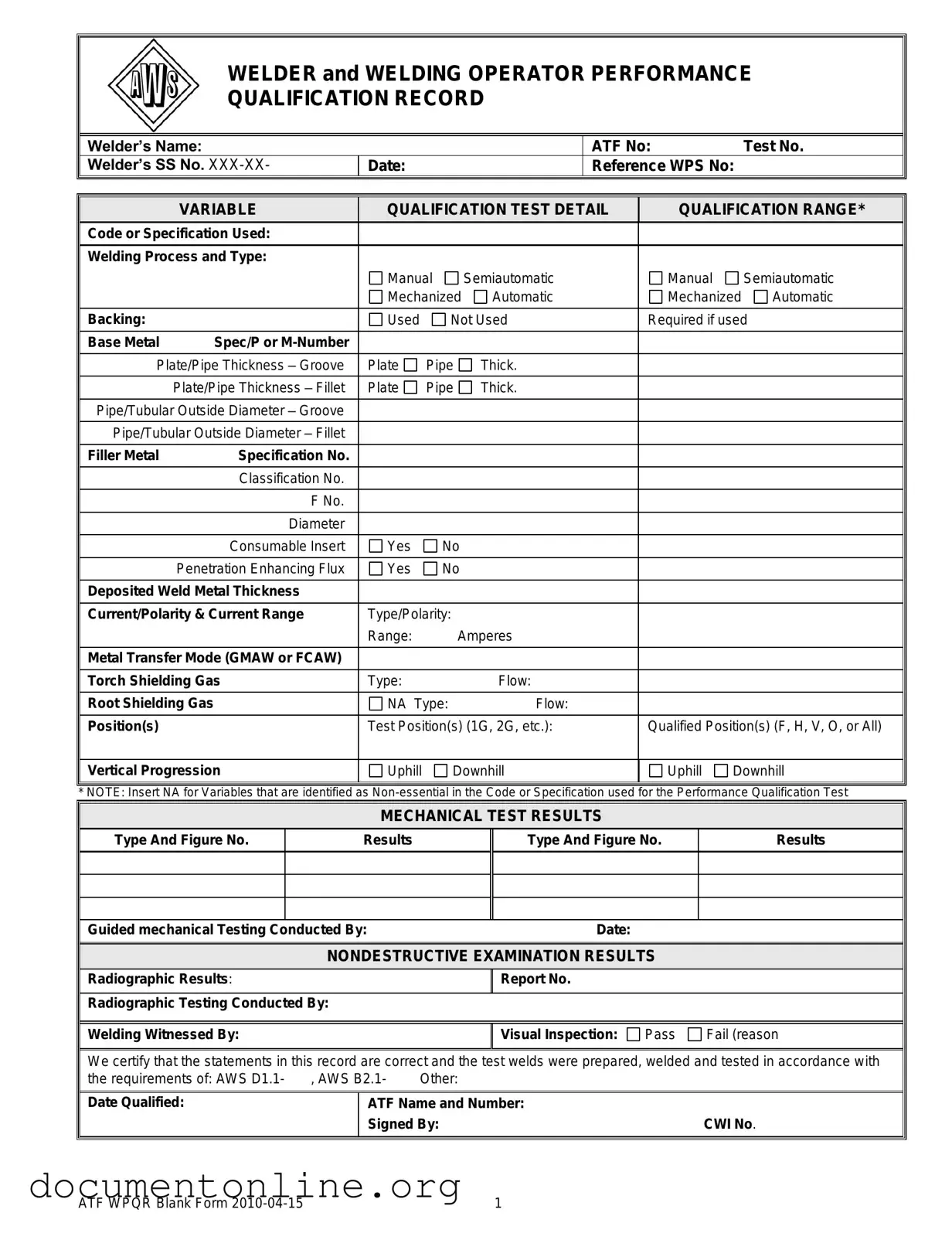 Free Welder Performance Qualification Record Template