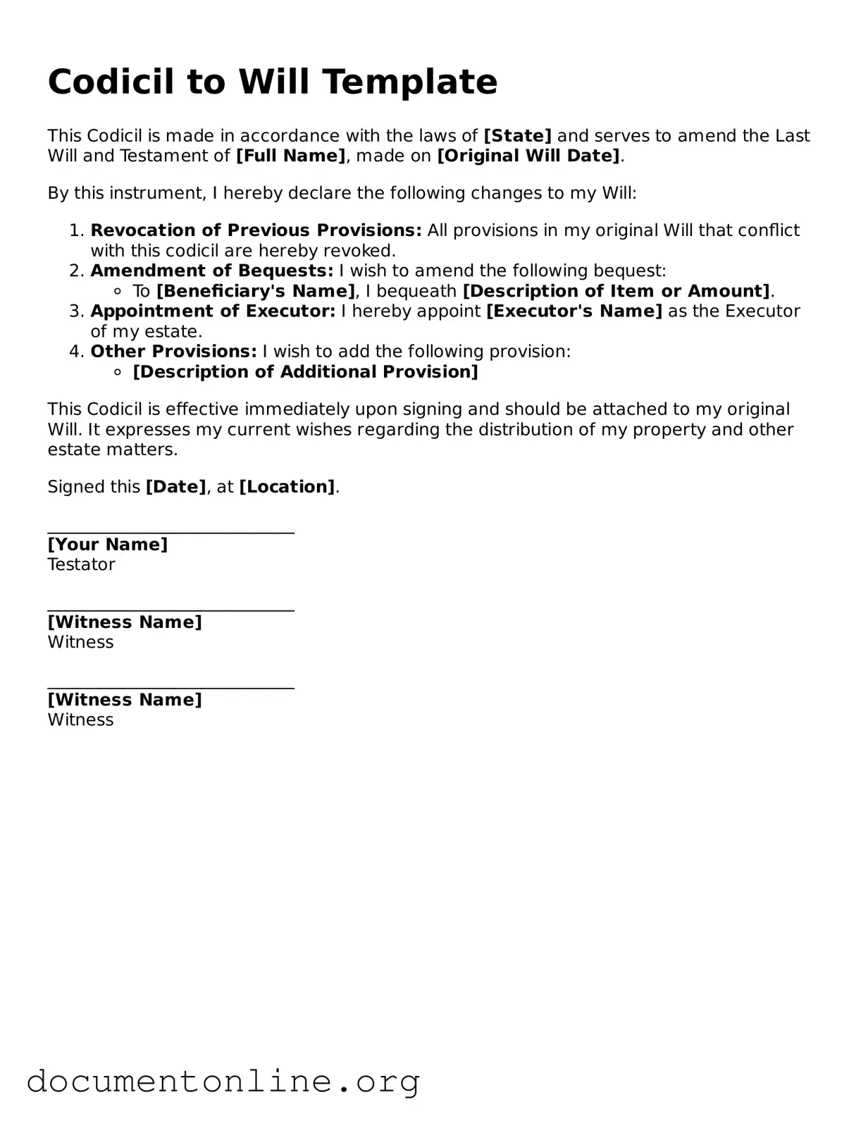 Free Codicil to Will Form