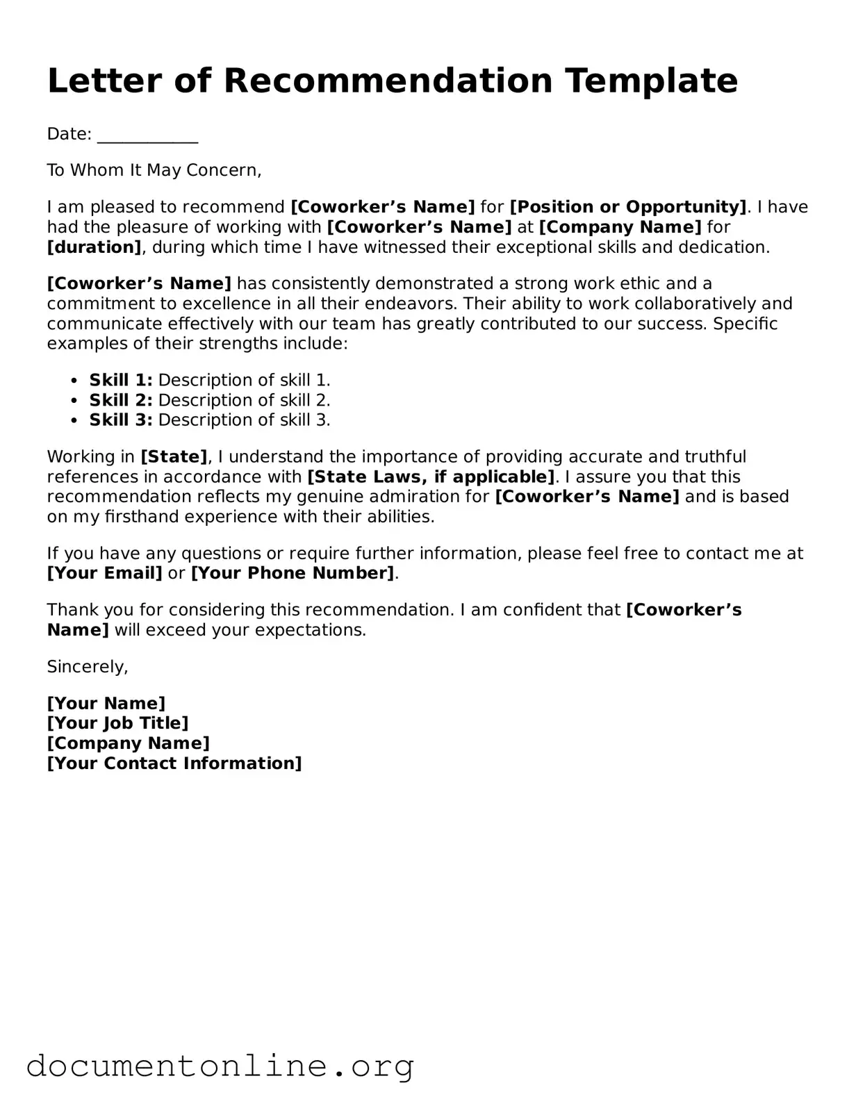 Free Letter of Recommendation for Coworker Form